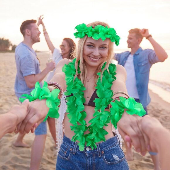 8pcs/2set Green Leis Hawaiian Headpiece Leis Flower Outfits Headband Necklace Br - Picture 5 of 7